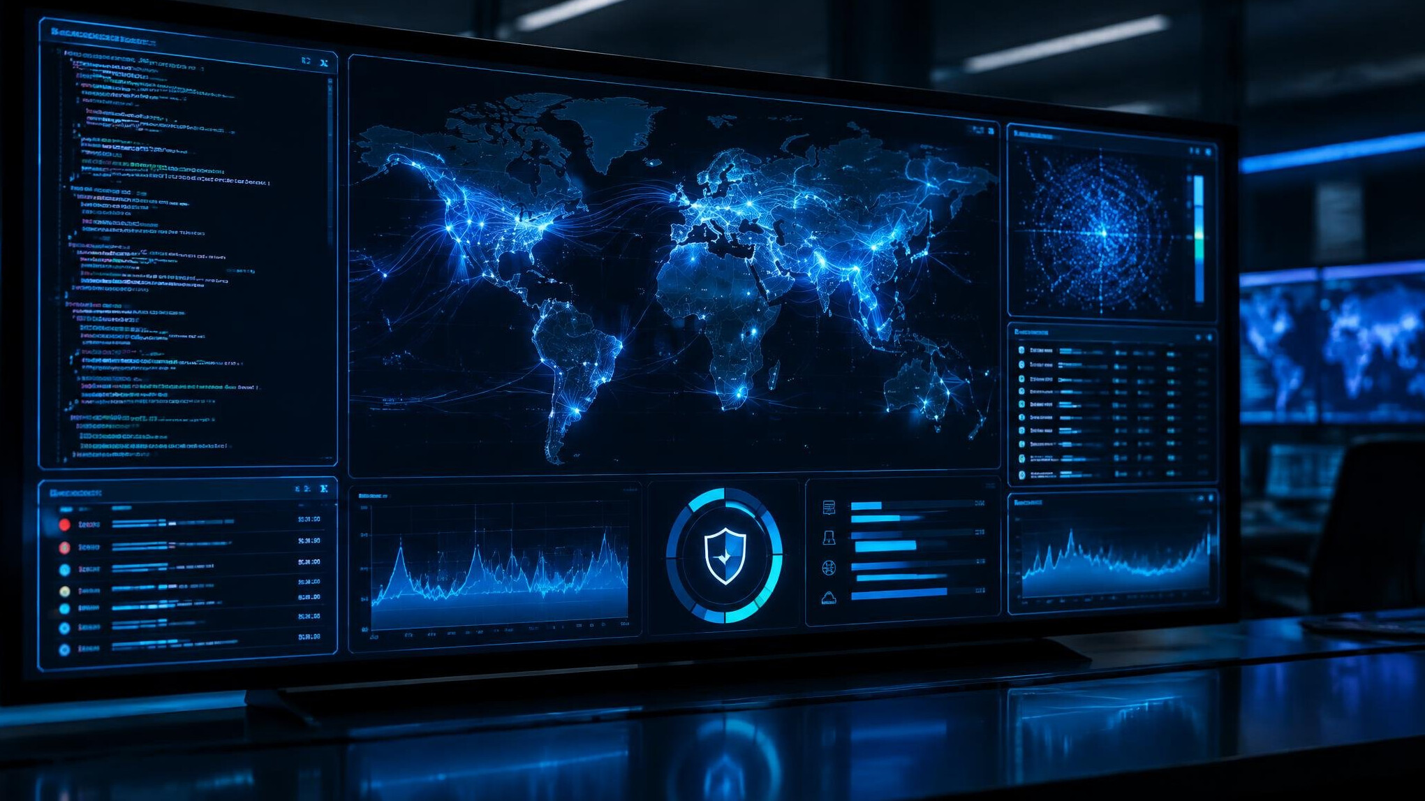 Digital cybersecurity concept with glowing code on a dark screen