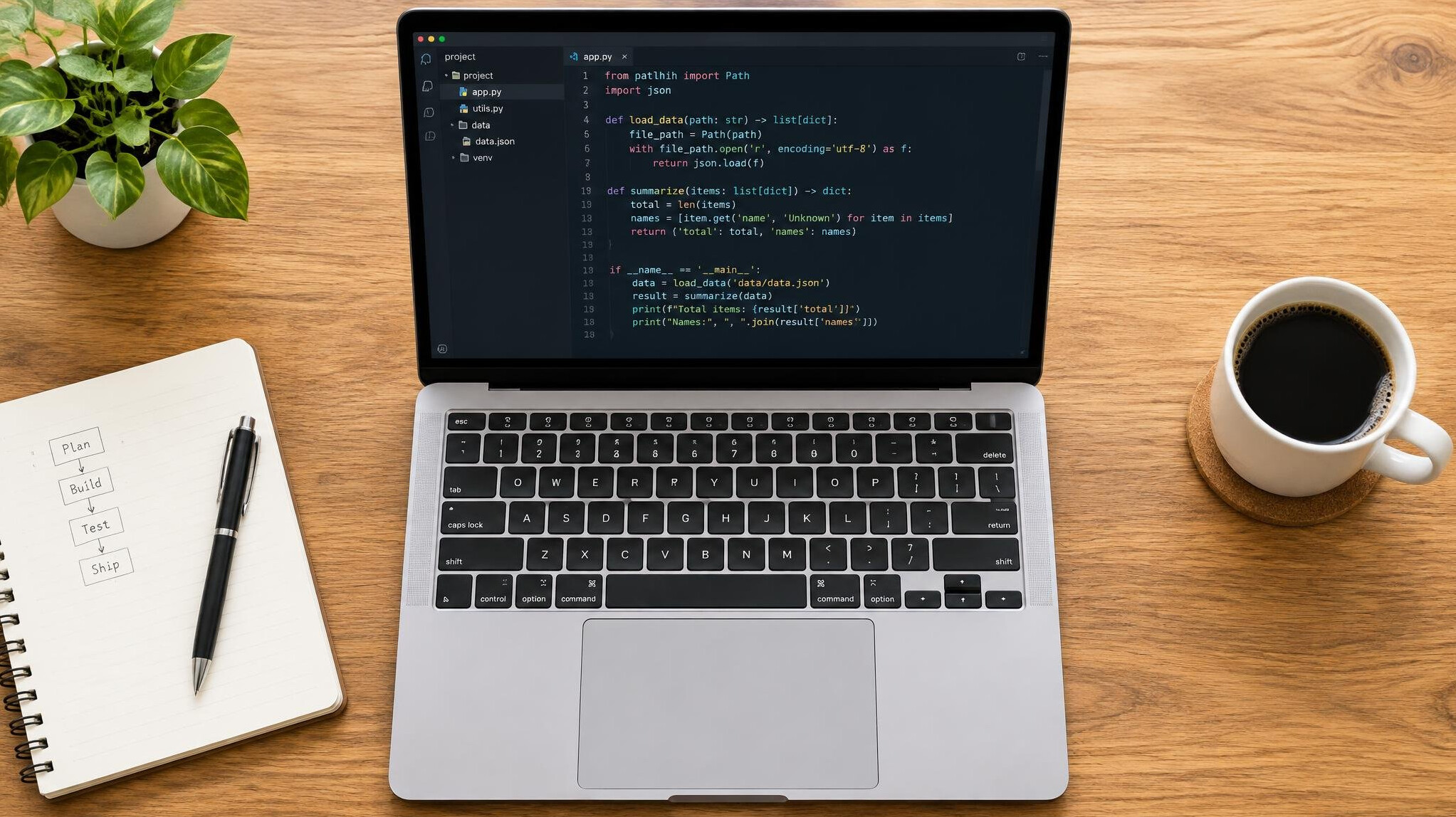 Laptop with code on a clean desk
